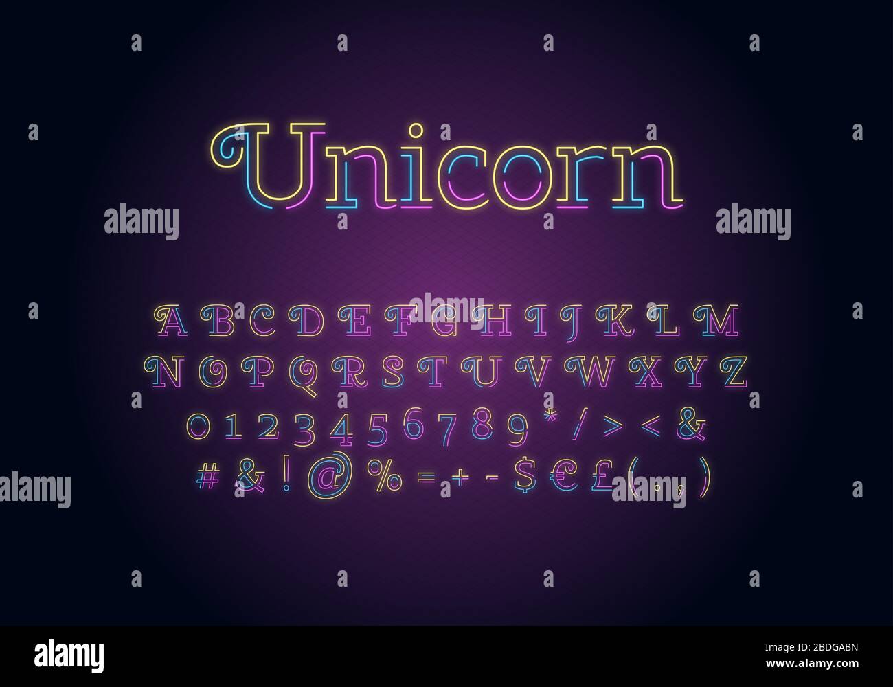 Unicorn neon light font template. Multicolor illuminated vector