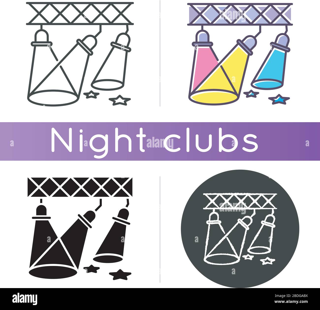 Light show icon. Linear black and RGB color styles. Night club ...