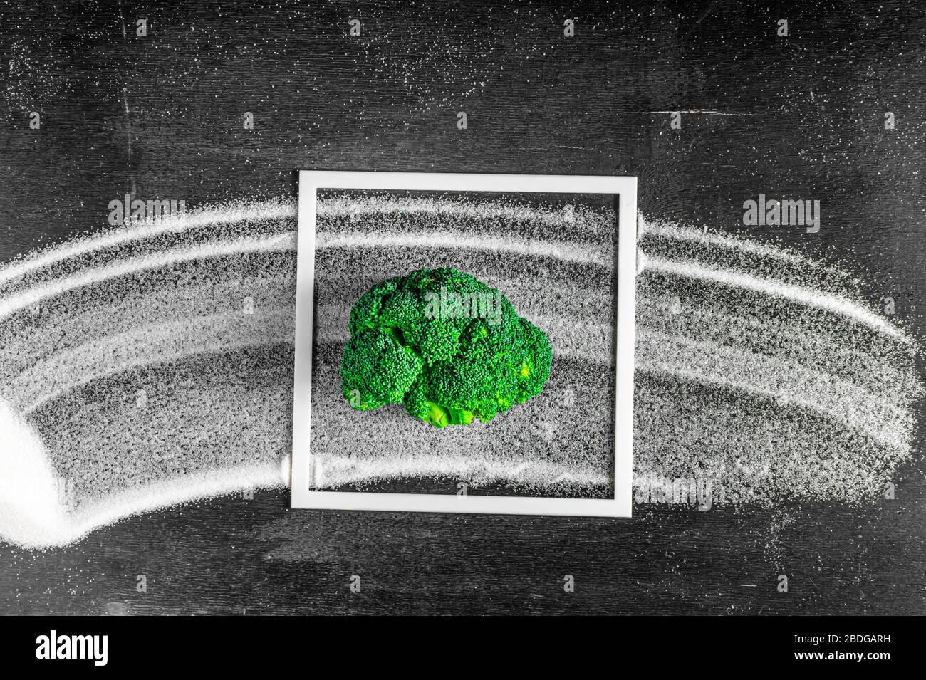 broccoli instead of sugar. concept of healthy diet, stop diabetes Stock