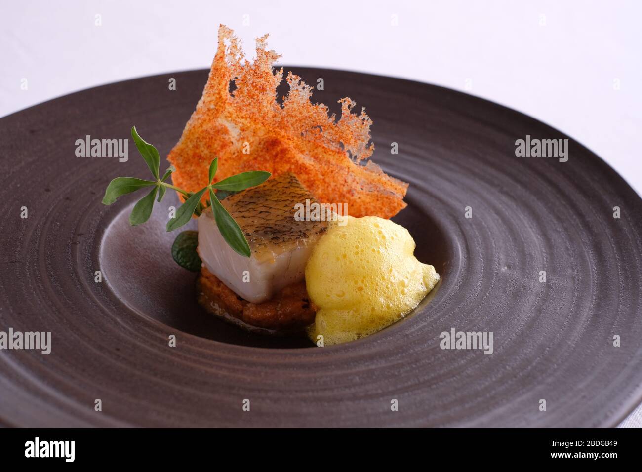 Pike perch with saffron foam and red pepper wafer on a bed of migas made from bread and tomato, in the restaurant at L'AND Vineyards, Portugal Stock Photo