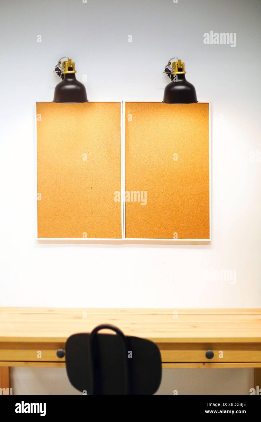 Framed cork notice boards with copy space for paper notes and stickers