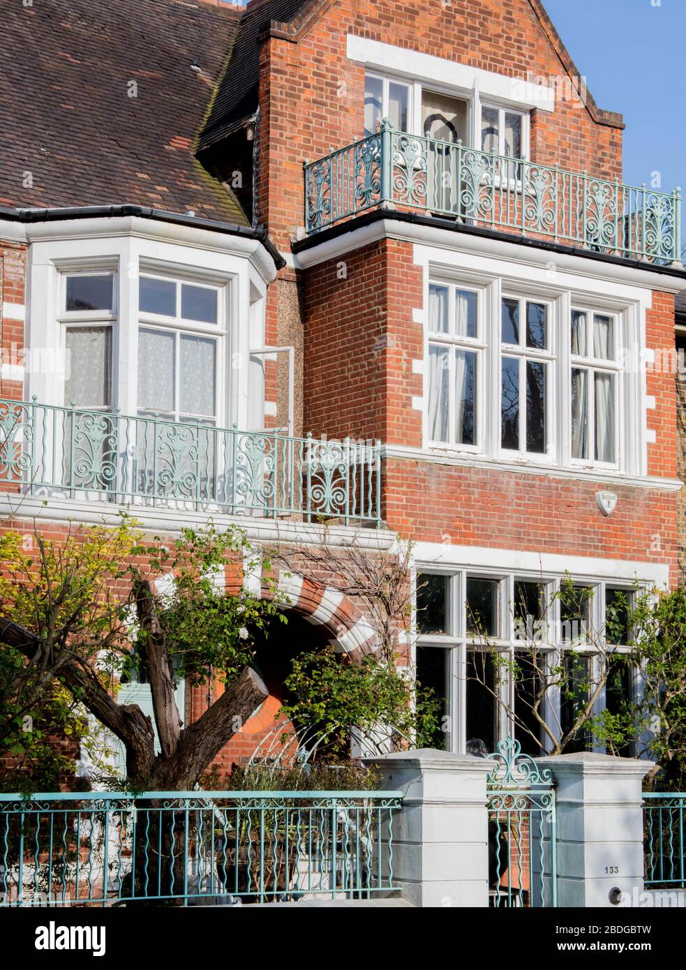 J.M Barrie's house in 133 Gloucester Road, Kensington, London; the upper balcony is the inspiration for the Darling children's nursery in Peter Pan Stock Photo