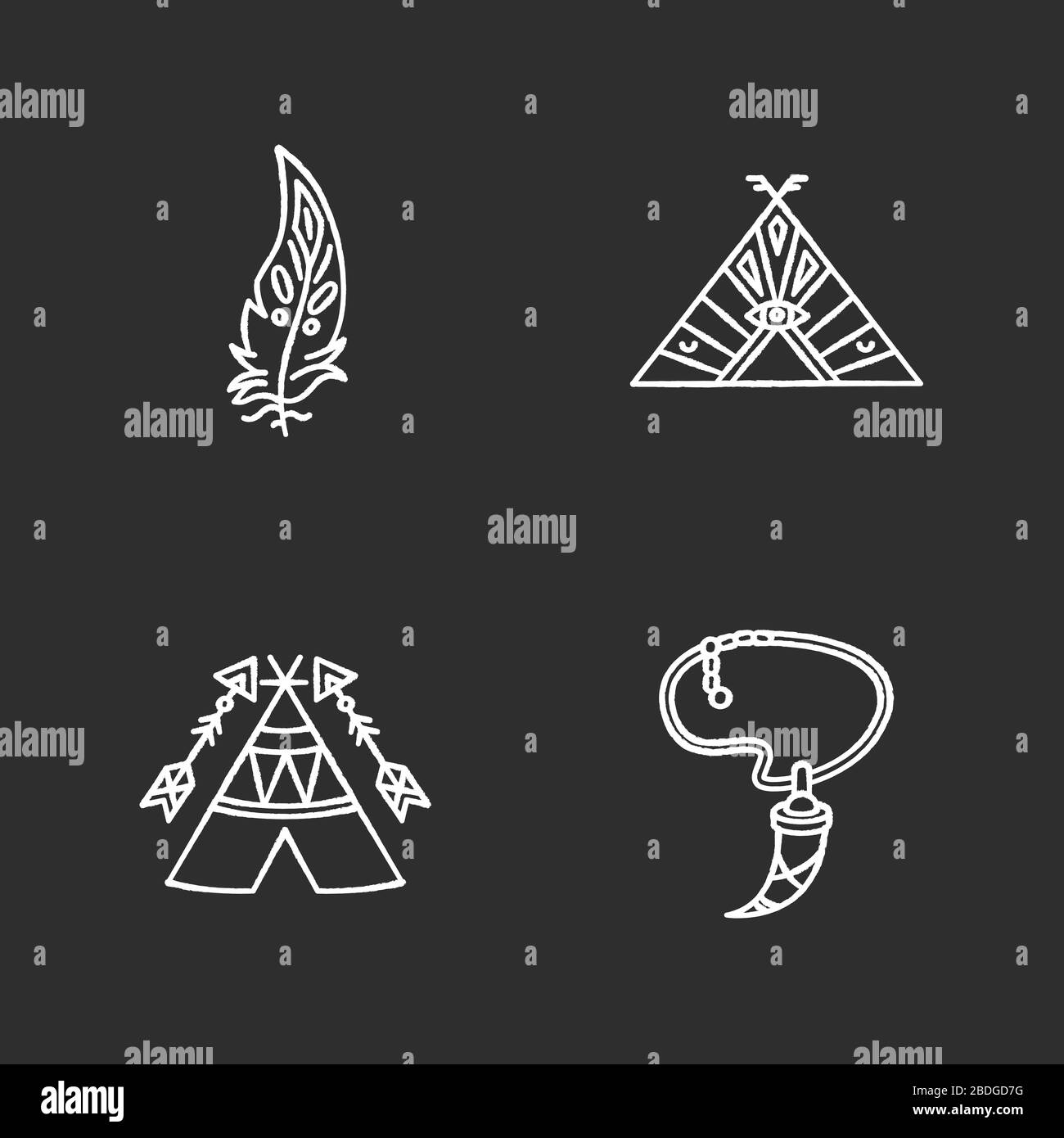 Native american indian accessories chalk white icons set on black background. Necklace with tooth, eagle feather. Wigwam with arrows and ethnic Stock Vector