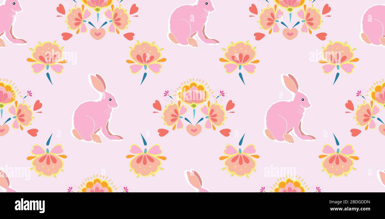 Vector geometric folk art cute easter bunny pattern on pink background. Happy spring design. Event and holidays. Surface pattern design. Stock Vector