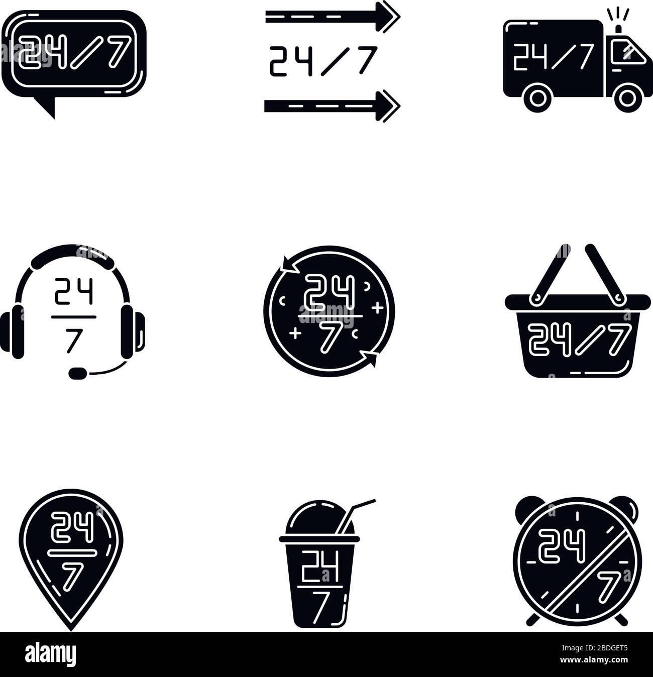 24 7 Hour Service Black Glyph Icons Set On White Space Always