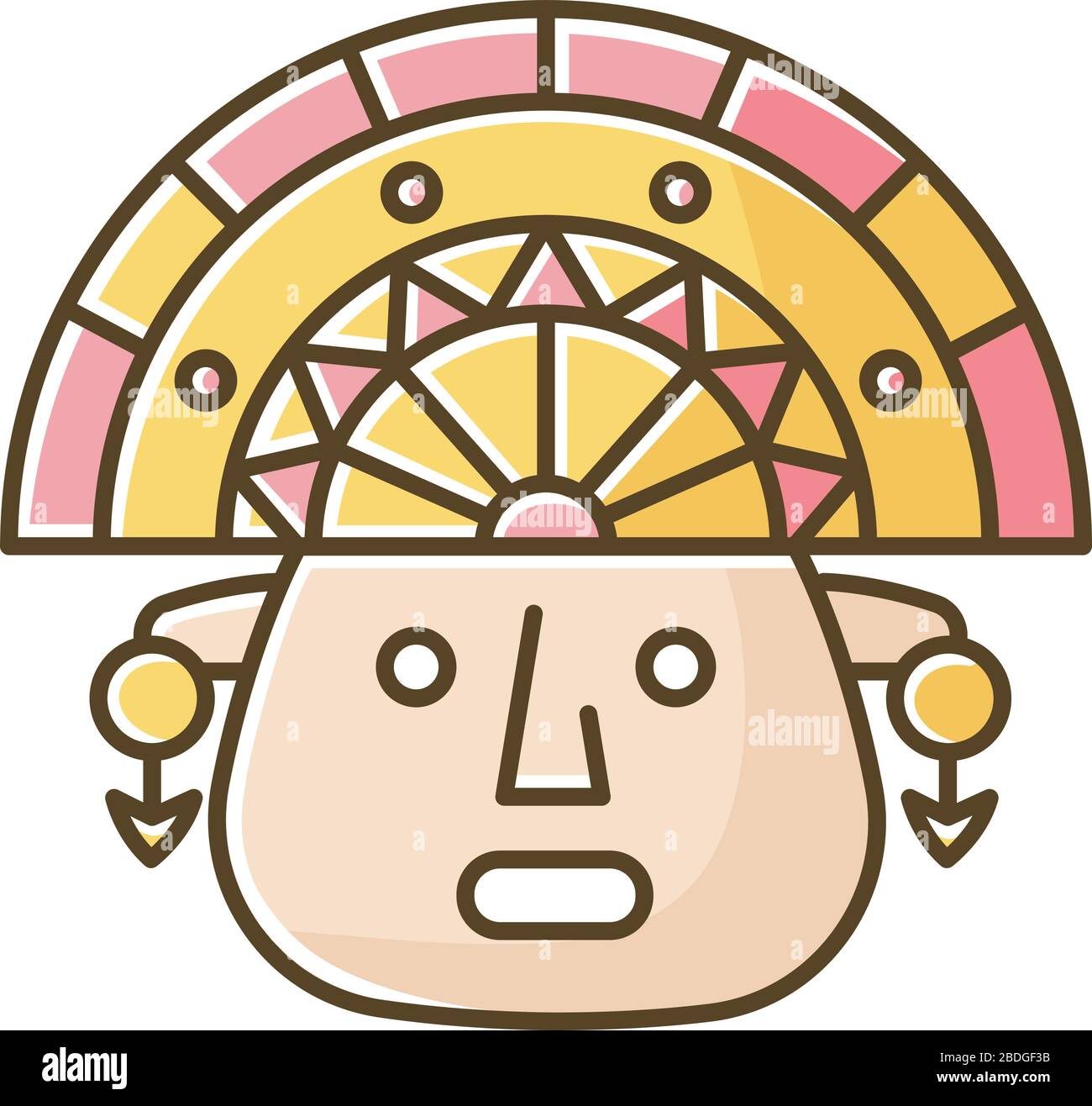 The Incas yellow RGB color icon. Man face in traditional inca headdress. Aztec ceremonial mask. Ancient south american idol head. Hispanic god Stock Vector