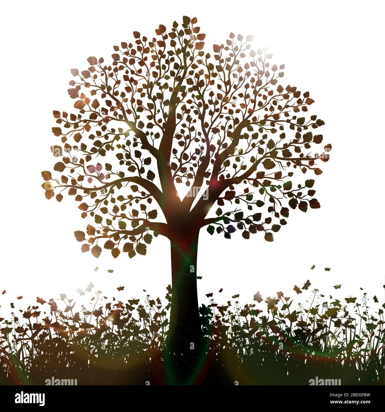 Silhouette of tree with leaves and grass vector background Stock Vector ...