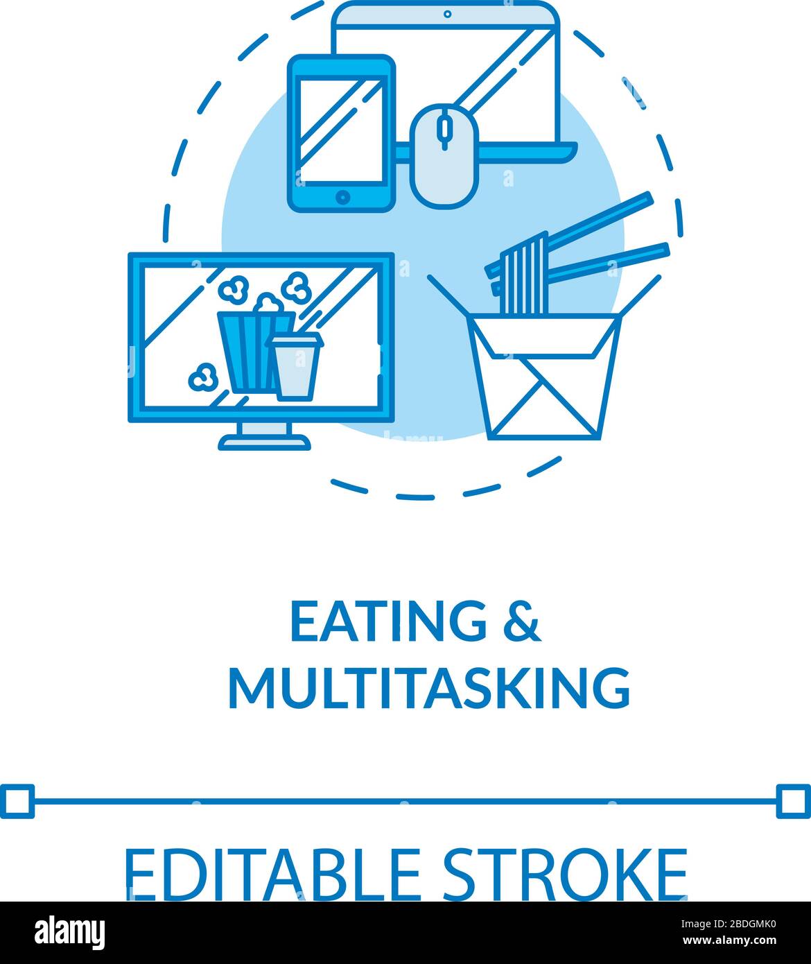 Eating and multitasking concept icon. Conscious nutrition, binge eating ...