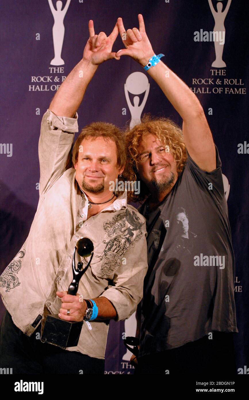 Michael Anthony and Sammy Hagar of Van Halen in the press room at the Rock  & Roll Hall Of Fame Induction ceremony held at the Waldorf-Astoria in New  York City on March