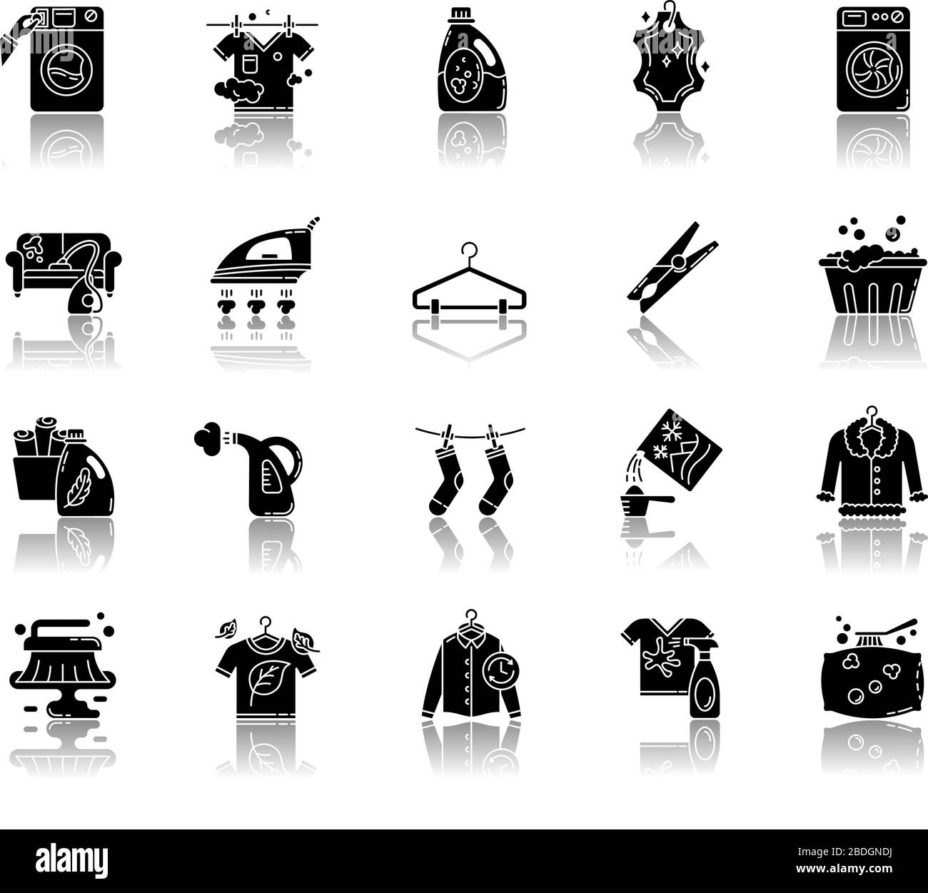 Laundry types and equipment drop shadow black glyph icons set ...