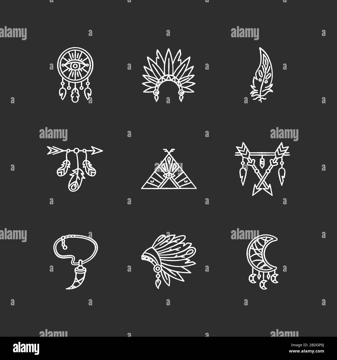 Native american indian accessories chalk white icons set on black background. Boho style dreamcatcher. Necklace with tooth, arrow with feathers Stock Vector