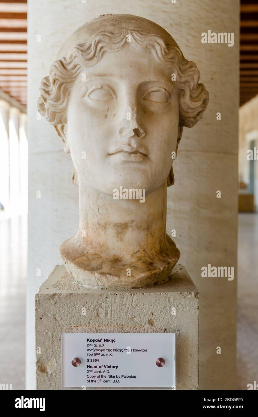 Athens, Greece - April 21, 2014: Head of Victory. Copy of the Nike inside  the stoa of Attalos in the ancient agora in Athens Stock Photo - Alamy