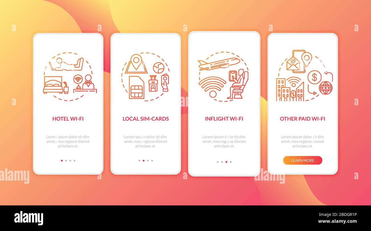 Roaming, communication abroad onboarding mobile app page screen with
