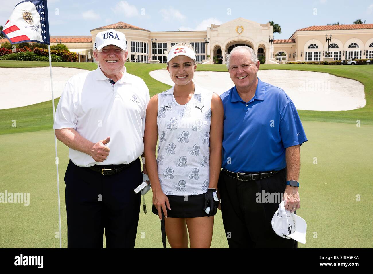 President Donald J. Trump, professional golfer Lexi Thompson and radio commentator Rush Limbaugh pose for a photo Friday, April 19, 2019, at the Trump International Golf Club in West Palm Beach, Fla. Stock Photo