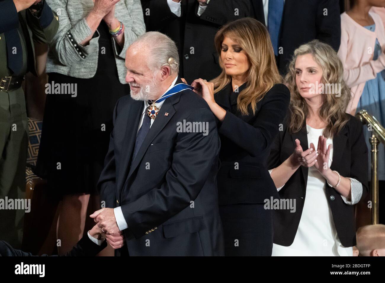 First Lady Melania Trump presents the Presidential Medal of Freedom to gallery guest Rush Limbaugh during President Donald J. Trump’s State of the Union address Tuesday, Feb. 4, 2020, in the House chamber at the U.S. Capitol in Washington, D.C. Stock Photo