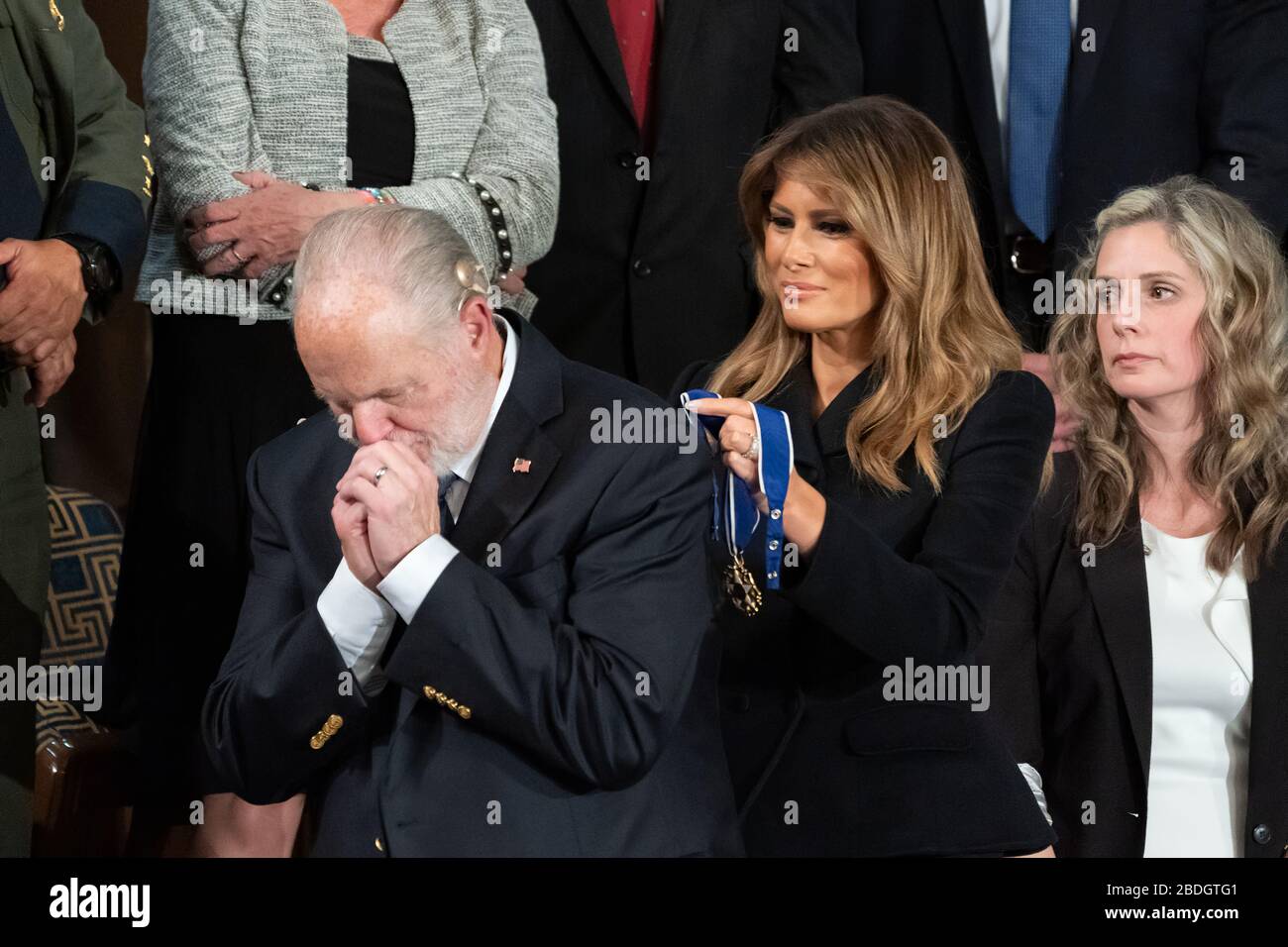 First Lady Melania Trump presents the Presidential Medal of Freedom to gallery guest Rush Limbaugh during President Donald J. Trump’s State of the Union address Tuesday, Feb. 4, 2020, in the House chamber at the U.S. Capitol in Washington, D.C. Stock Photo