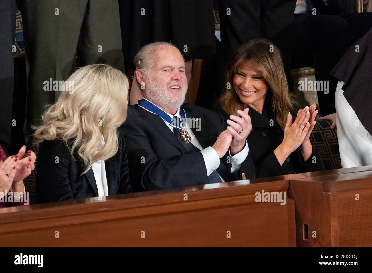 First Lady Melania Trump applauds gallery guest Rush Limbaugh after presenting him with the Presidential Medal of Freedom during President Donald J. Trump’s State of the Union address Tuesday, Feb. 4, 2020, in the House chamber at the U.S. Capitol in Washington, D.C. Stock Photo