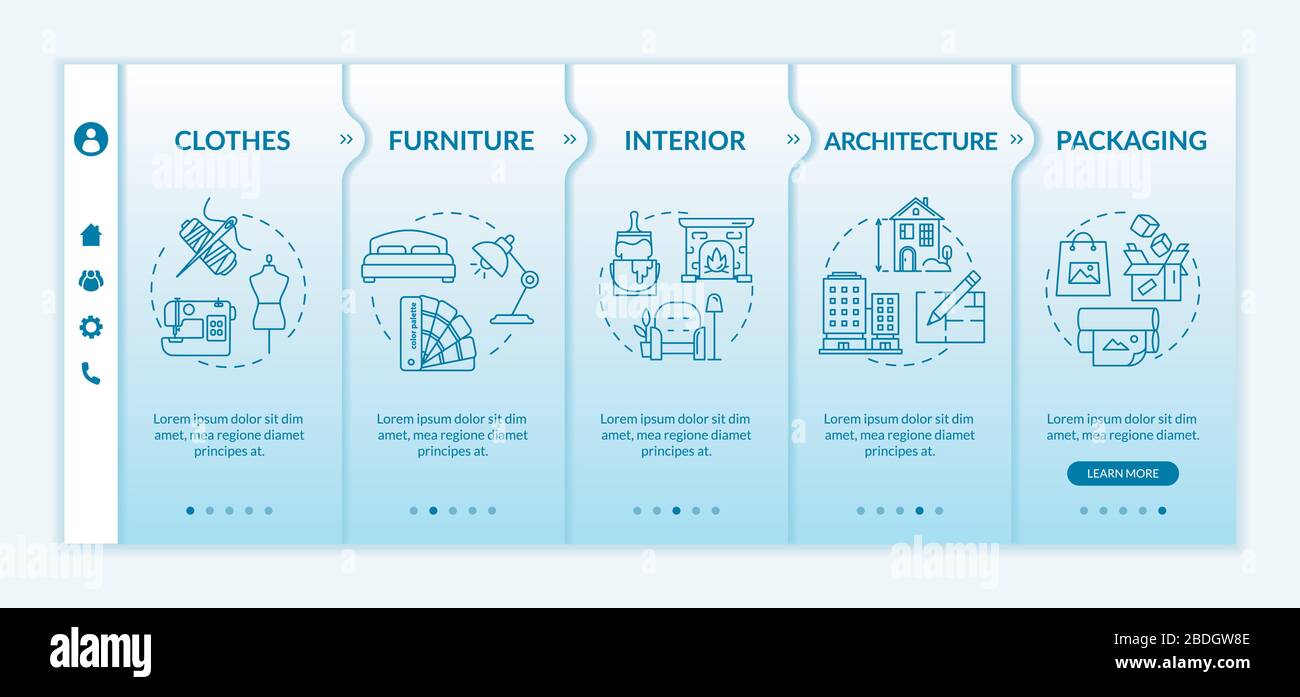 Creative designer work onboarding vector template. Architecture project planning. Packaging products. Responsive mobile website with icons. Webpage Stock Vector