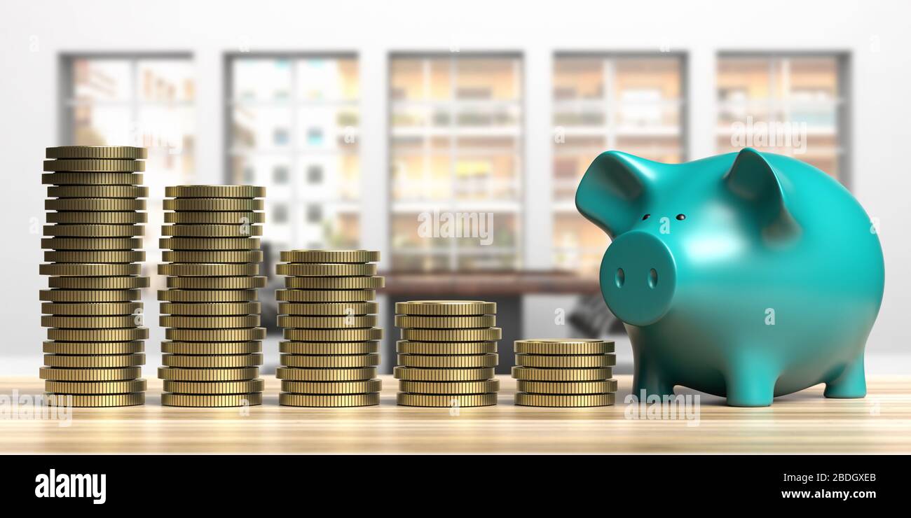 Piggy bank and gold coins stacked on office background. Business growth ...