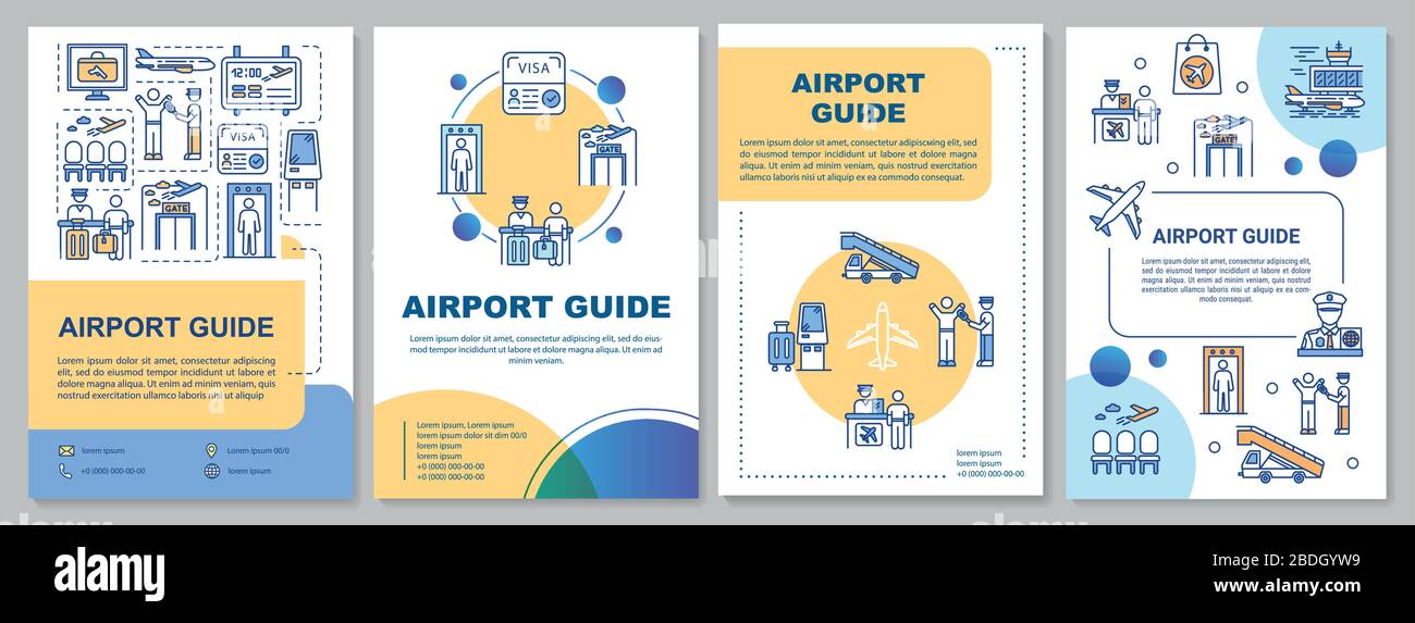 Airport guide brochure template. Security control, check in terminal flyer, booklet, leaflet print, cover design with linear icons. Vector layouts for Stock Vector