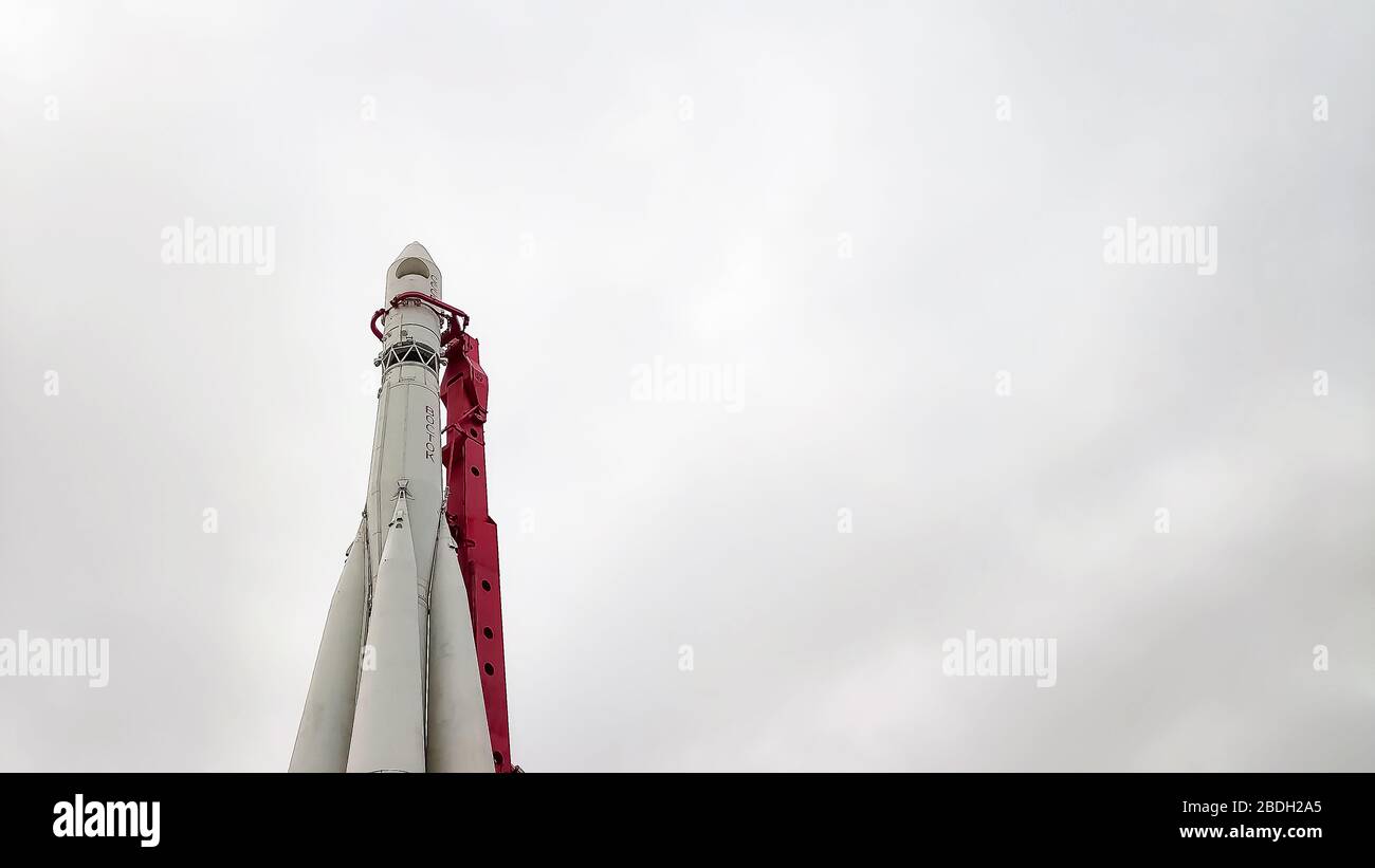 Moscow, Russia, April 3, 2020: Scale reproduction of Vostok 1 rocket used by Yuri Gagarin in the first space flight, All-Russia Exhibition Center Stock Photo
