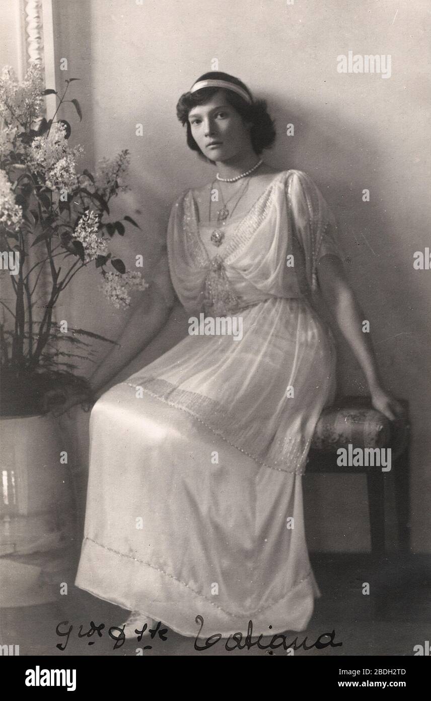'English: Grand Duchess Tatiana Nikolaevna (1897–1918); 1914; from https://romanovsonelastdance.tumblr.com/post/189374345913/grand-duchess-tatiana-nikolaevna-of-russia-1914; Boasson and Eggler St. Petersburg Nevsky 24.; ' Stock Photo