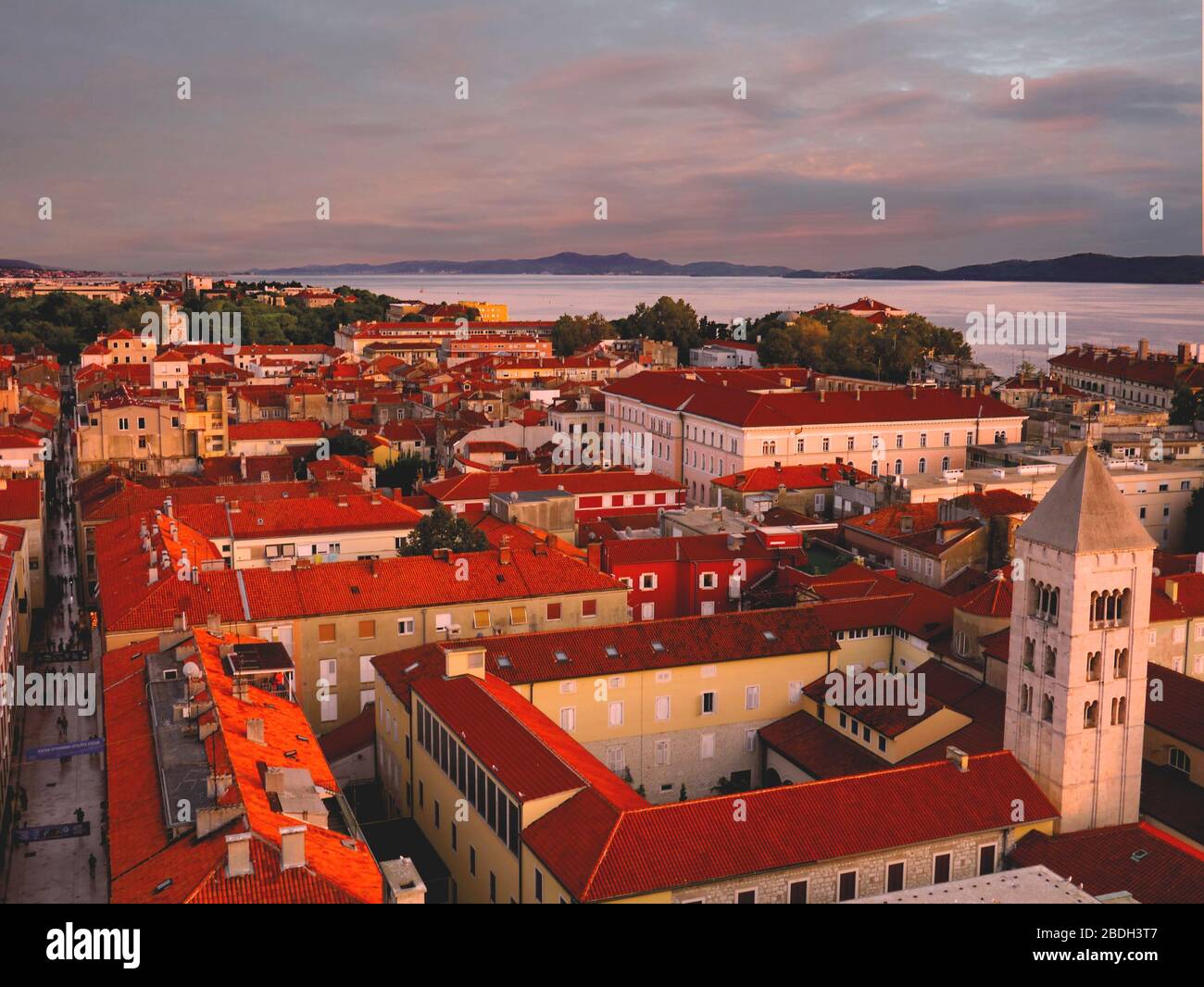 Aerial Panoramic View of UNESCO Zadar with Adriatic Sea in the background during beautiful sunset, Croatia Stock Photo
