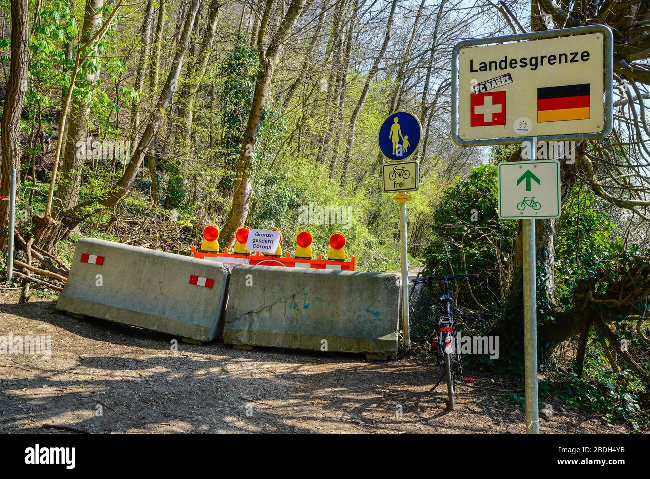 Blocked border crossing between Grenzach-Wyhlen in Germany and  Basel, Switzerland. Stock Photo