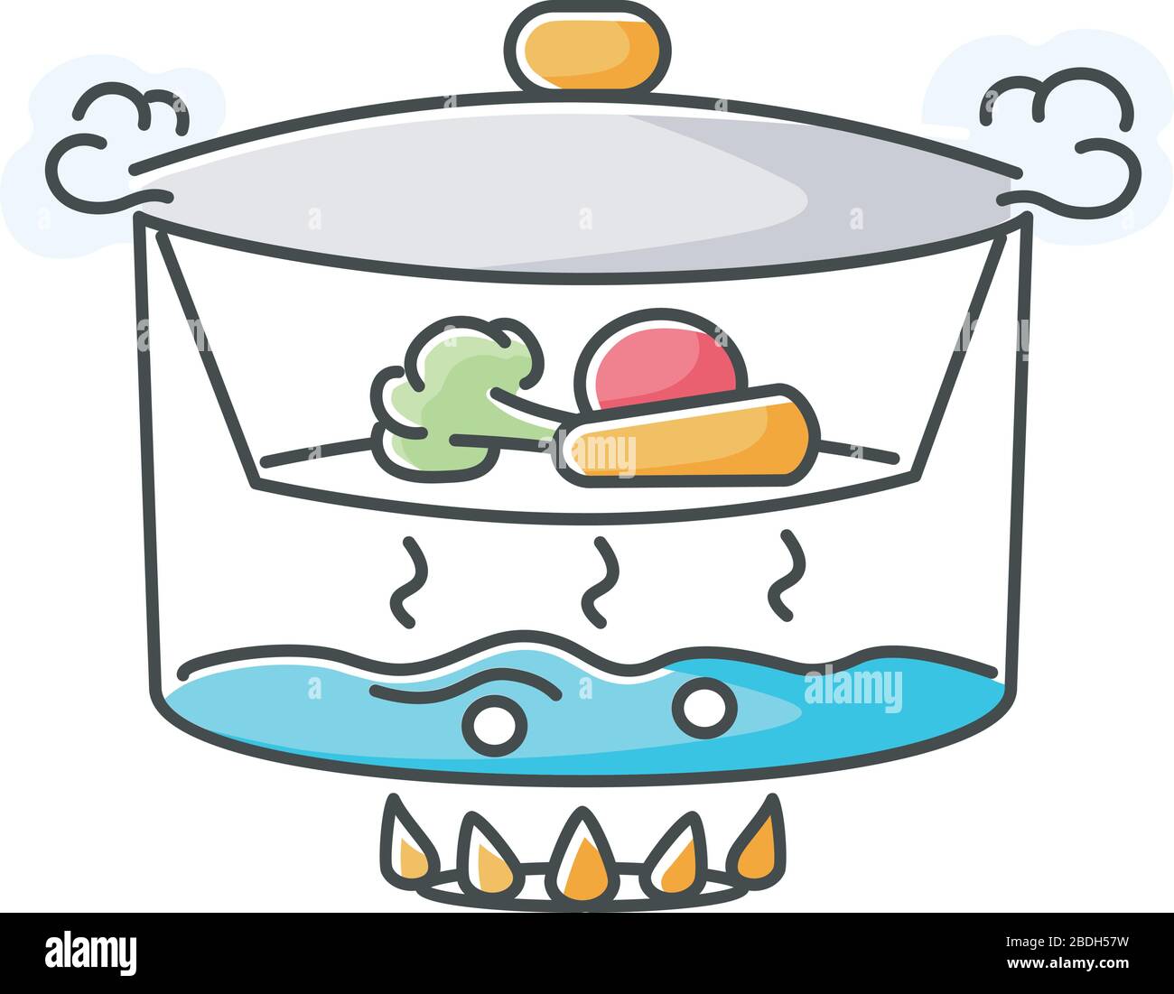 Steaming RGB color icon. Cooking food on vapor over boiling water. Meal