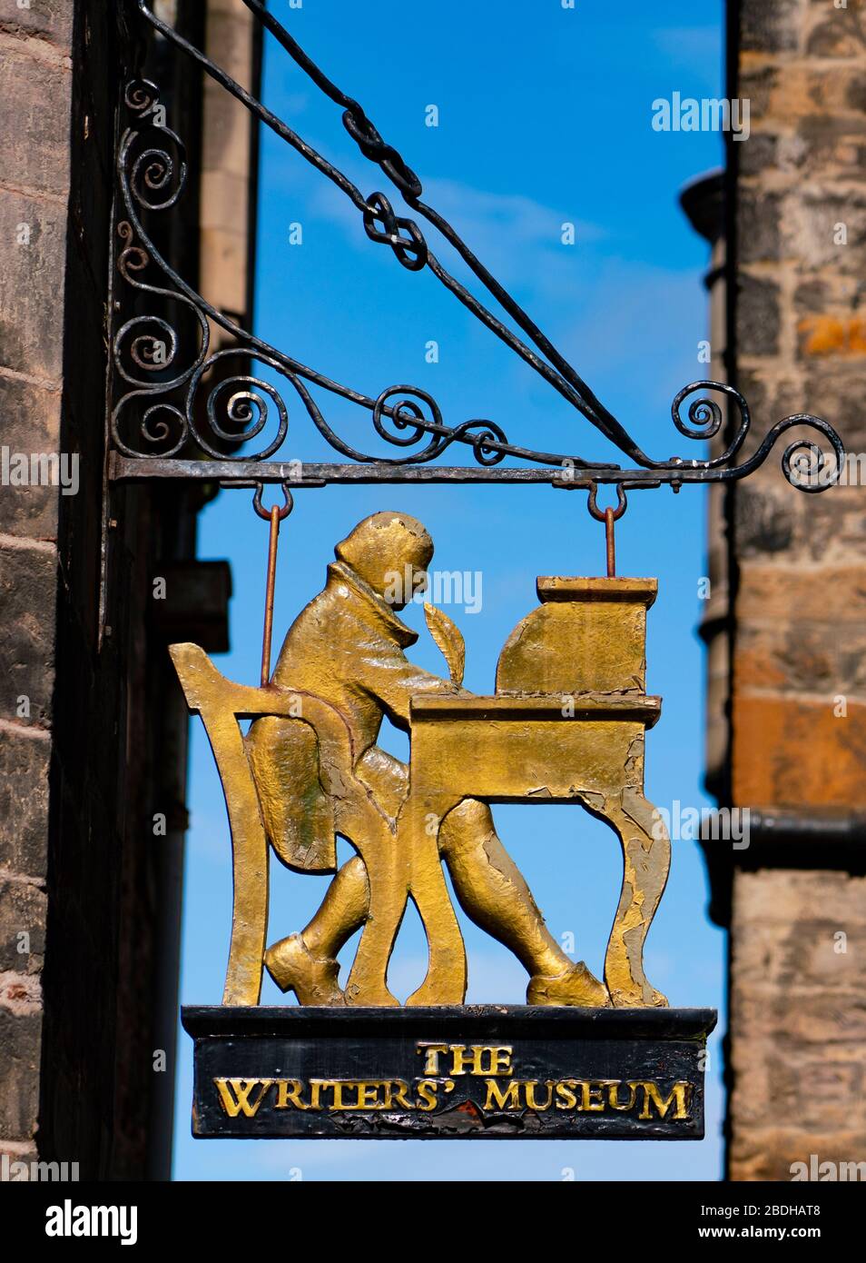 Sign outside The Writers Museum in Edinburgh Old Town, Scotland, UK Stock Photo