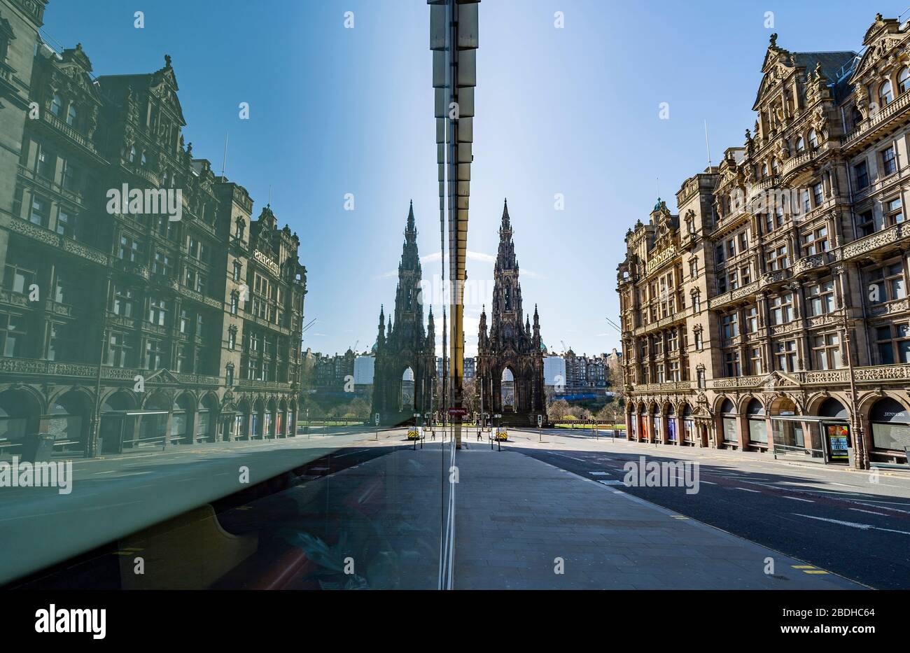 Edinburgh, Scotland, UK. 8 April 2020. Images from Edinburgh during the continuing Coronavirus lockdown. Pictured; View of Scott monument from deserted South St David Street in city centre. Iain Masterton/Alamy Live News. Stock Photo
