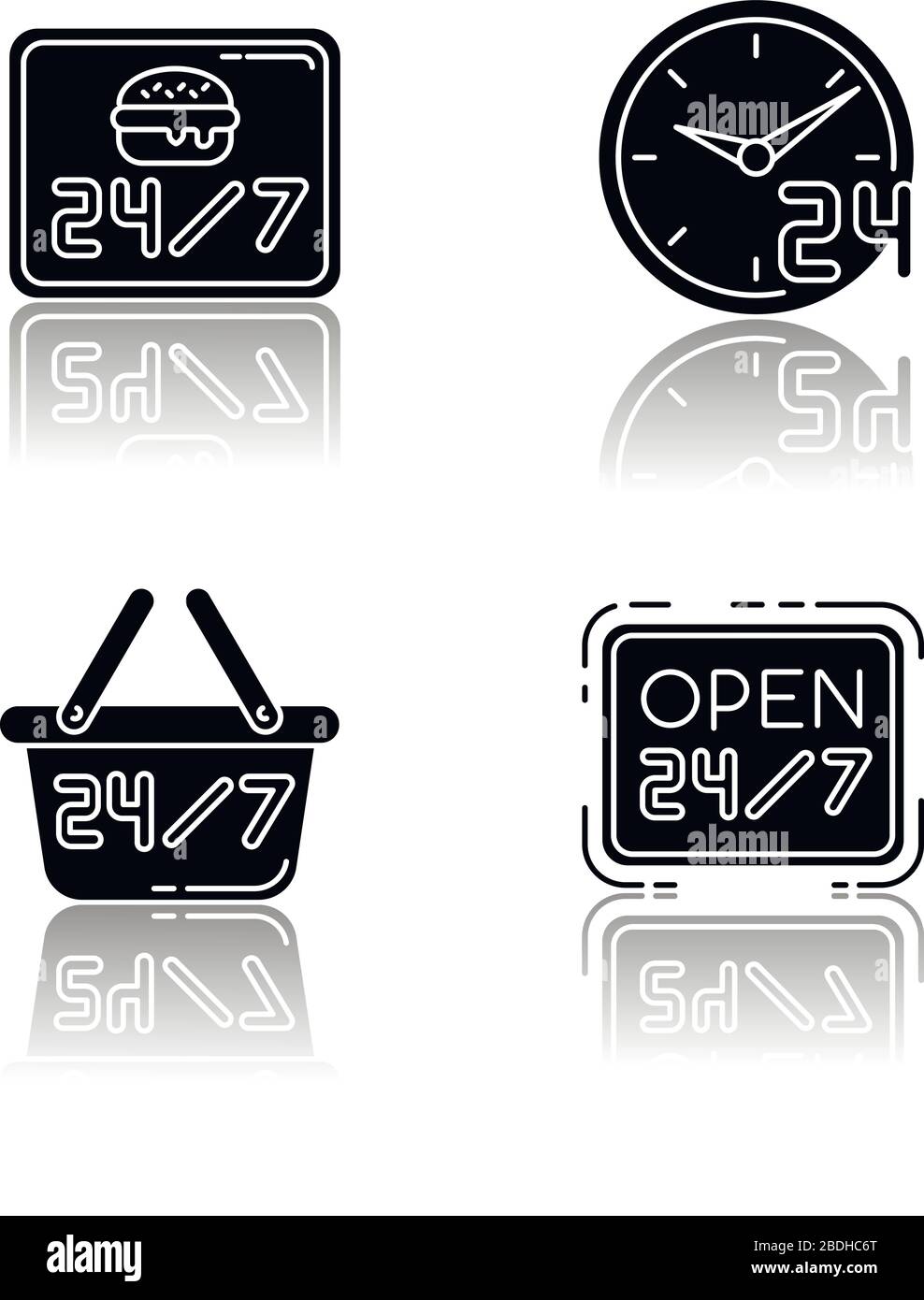 24 7 hour service drop shadow black glyph icons set. Everyday open