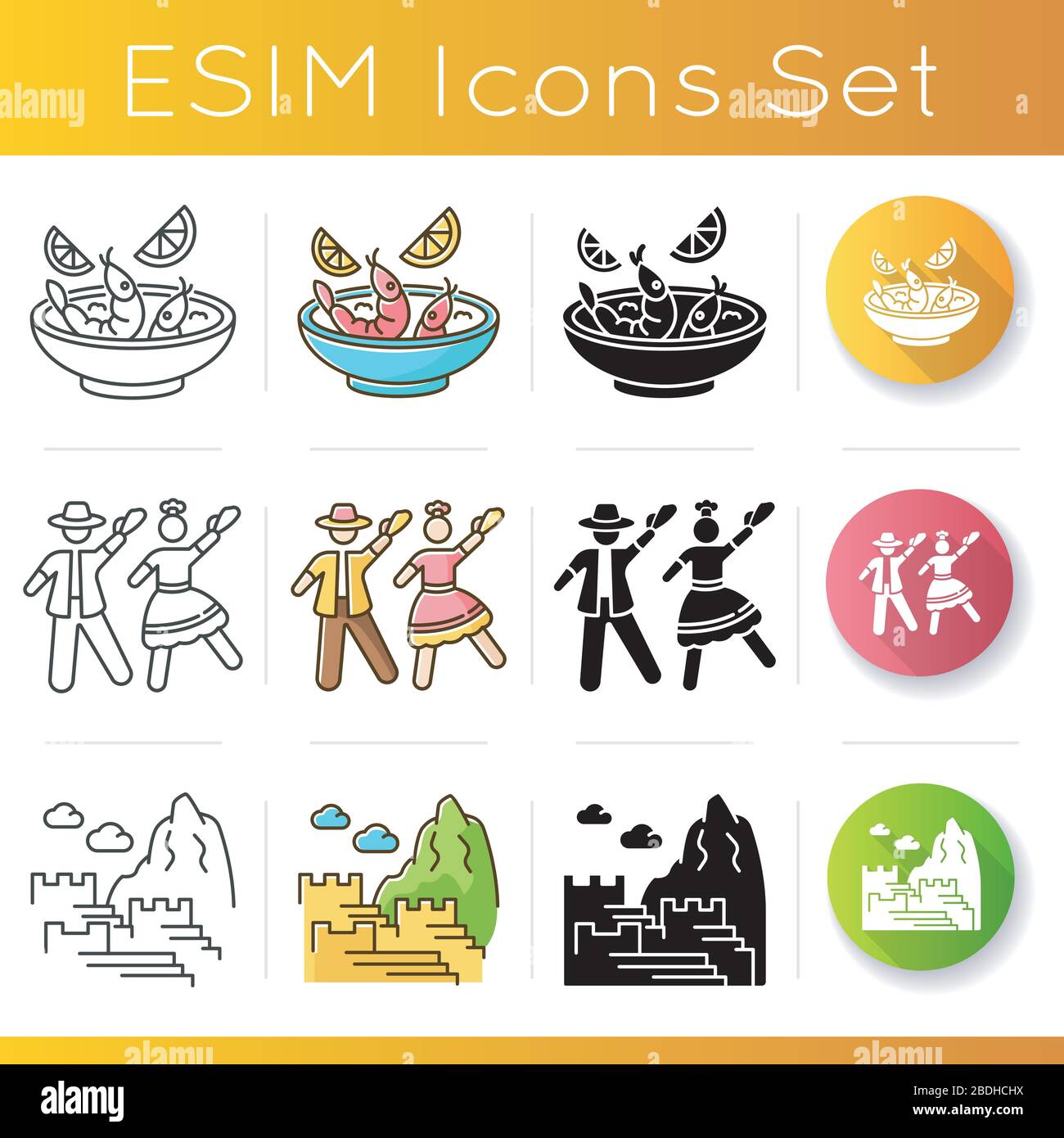 Peru icons set. Latin American tour. Ceviche, marinera, Machu Picchu. Andean country features. Peruvian cuisine, dance, history. Linear, black and RGB Stock Vector