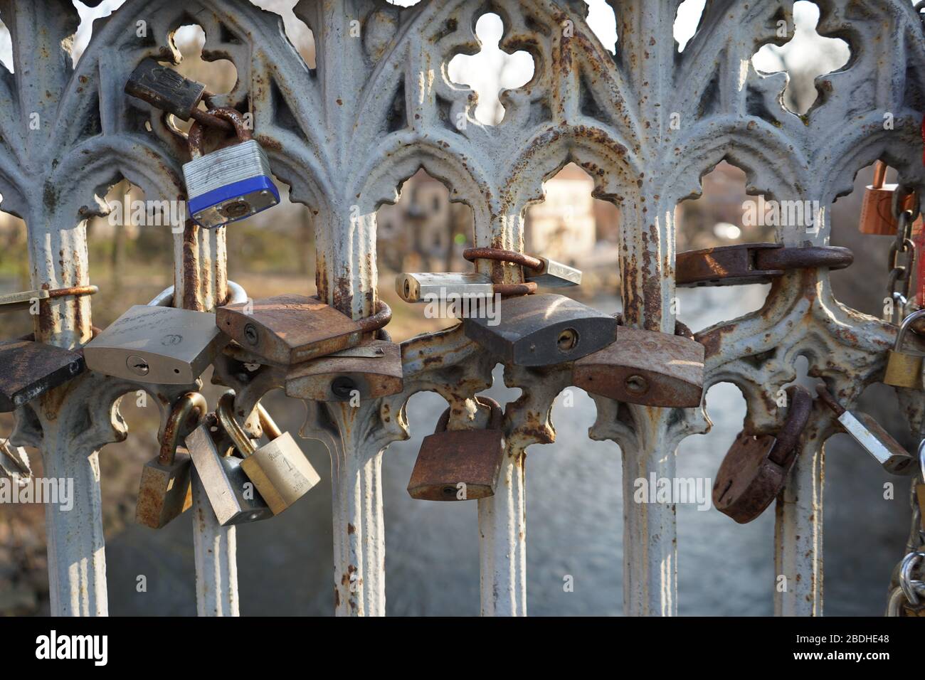 Wedding locks on the bridge in Vilnius Stock Photo
