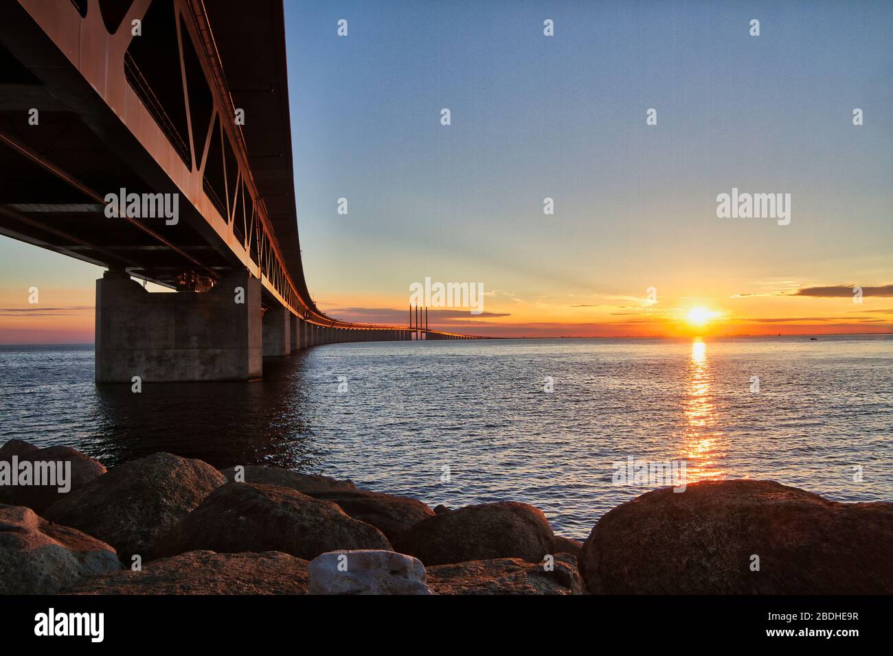 Öresund bridge at sunset. Stock Photo
