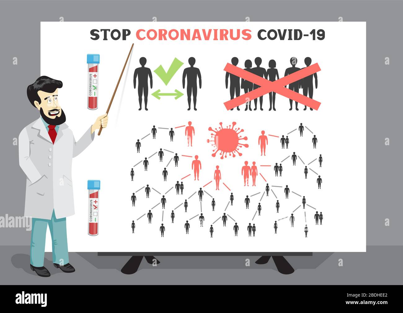 Bearded doctor with pointer and coronavirus poster Stock Vector