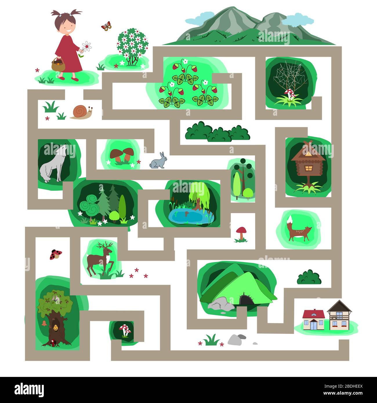 Vector labyrinth with girl that should find the right way to the home. Task for kids, forest path maze Stock Vector