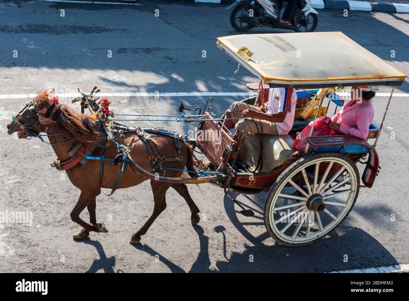 Port Benoa, Bali Indonesia -- Feb 28, 2016. A horse drawn carriage and  driver transports a woman passenger wearing a pink outfit and a hat in Bali,  In Stock Photo - Alamy