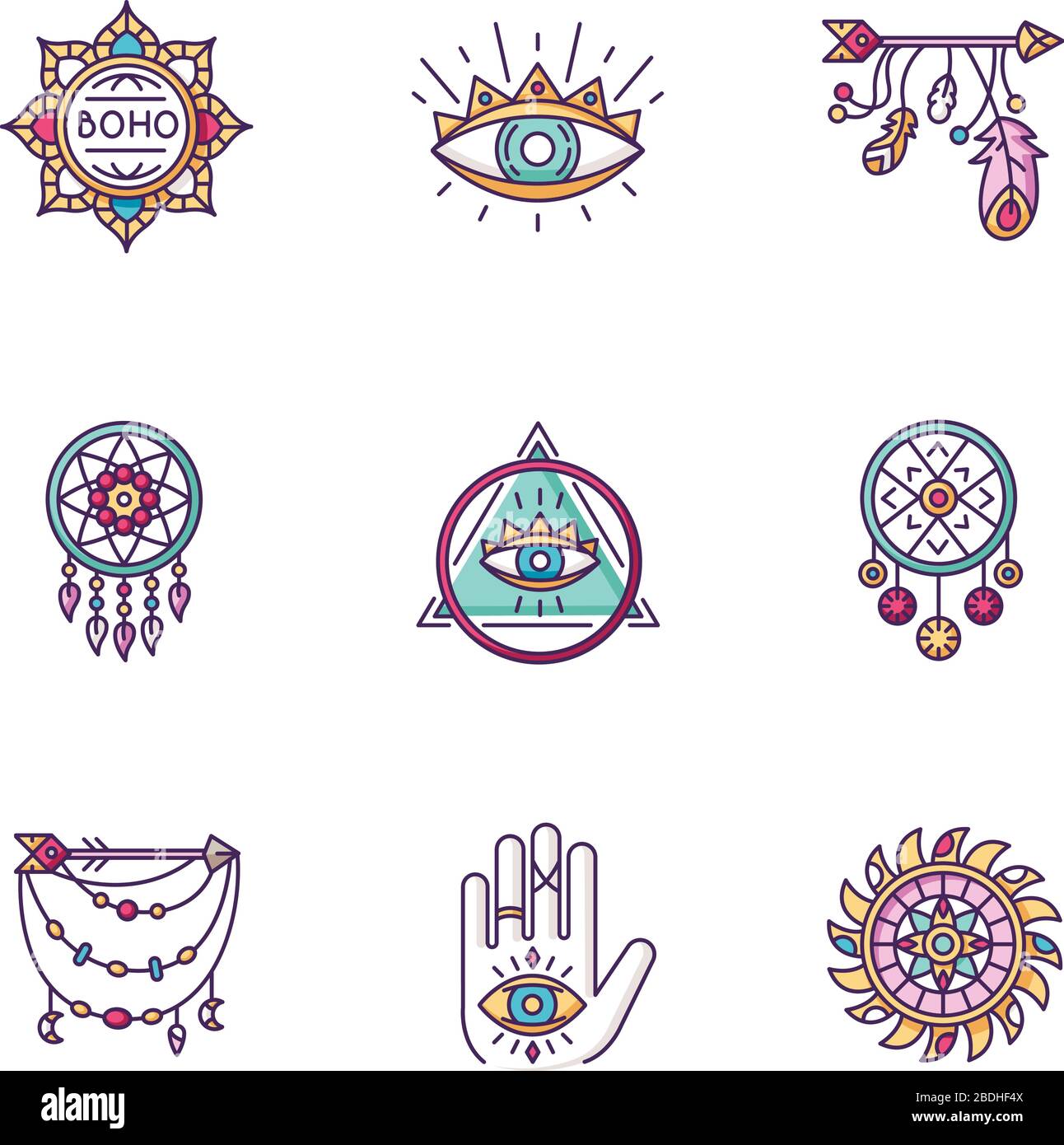 Magical accessories in boho style RGB color icons set. Prophecy and ...