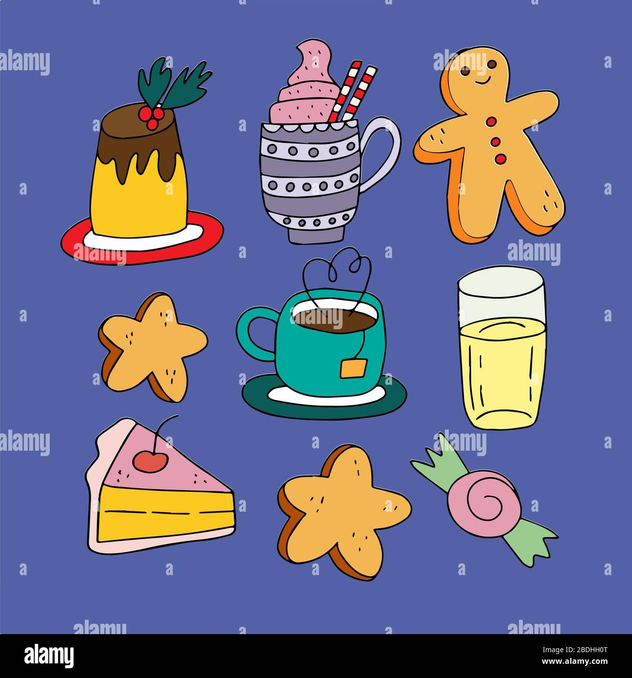 Set on blue background from holiday food and beverages. for design of cards and menus for cafes Stock Vector