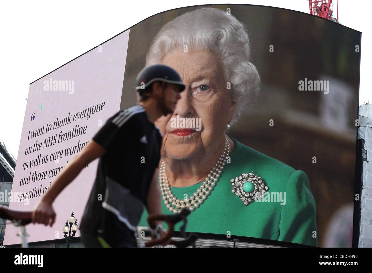An image of Queen Elizabeth II and quotes from her Corona epidemic  broadcast to the UK and Commonwealth is displayed in Piccadilly Circus,  London. Picture date: Wednesday 8th April 2020. Photo credit, image size:1300x956