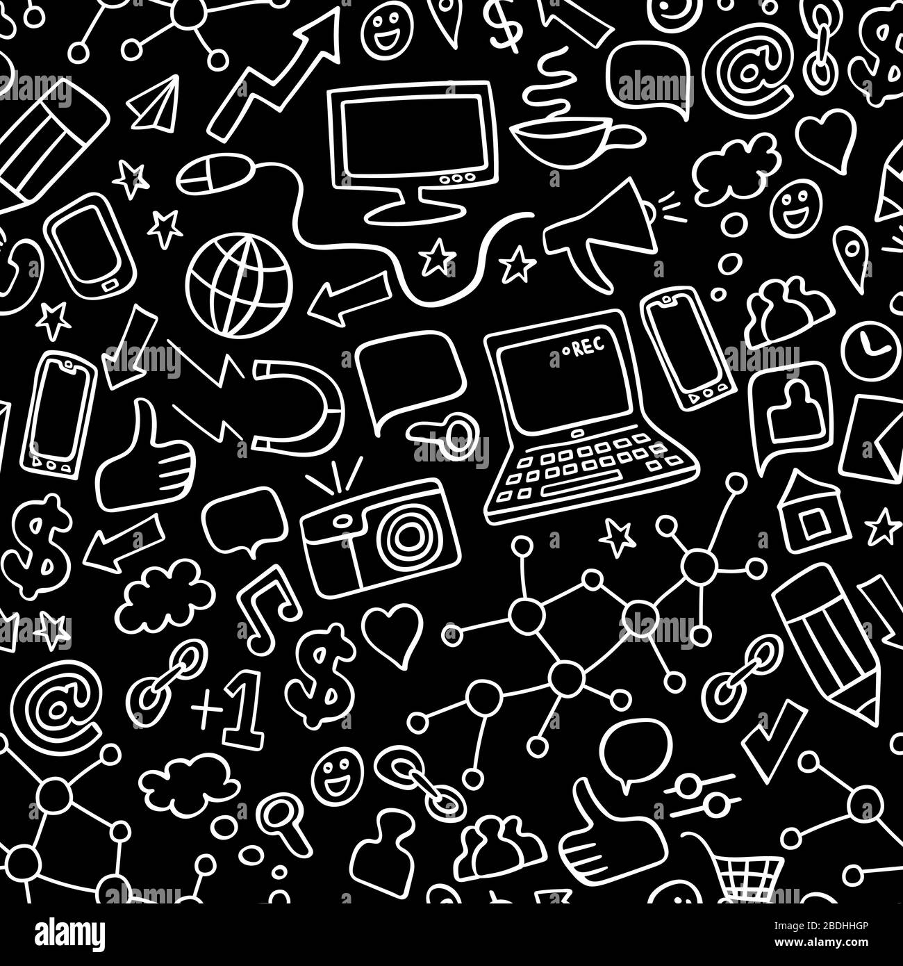 Social media doodles dark seamless pattern. Computer technology hand drawn  black background. Vector illustration Stock Vector Image & Art - Alamy