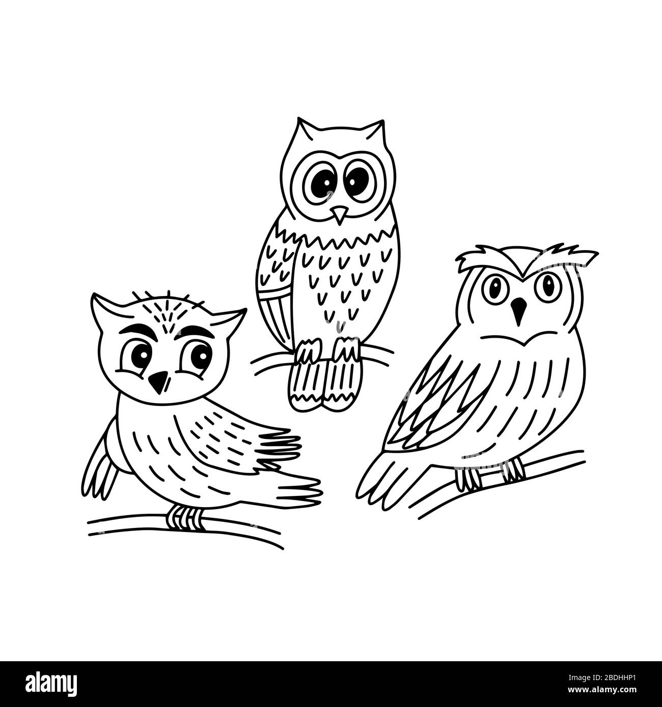 Set of cute owls in vector graphics on a white background. For making prints on clothes, for illustrating childrens books, coloring, covers of Stock Vector