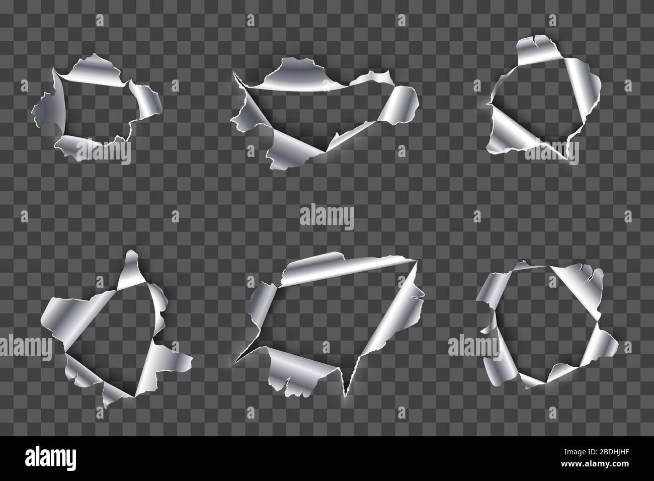 Hole in metal. Ripped steel, ragged metals holes and crack in metallic material realistic 3D vector set. Fractured metallic gaps isolated on Stock Vector