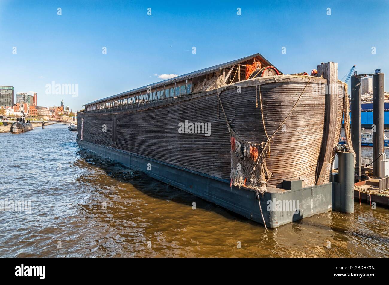 Wooden ship Noah's ark in the port of Hamburg Stock Photo