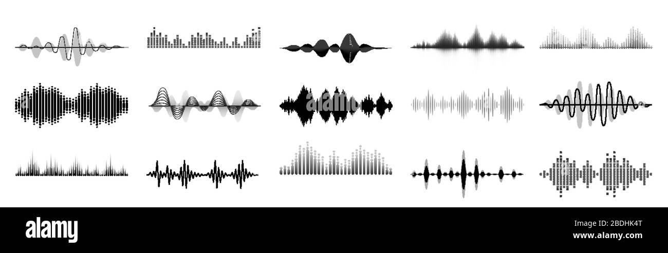 Black sound waves. Abstract music wave, radio signal frequency and digital voice visualisation. Tune equalizer vector set. Audio lines, soundwaves Stock Vector