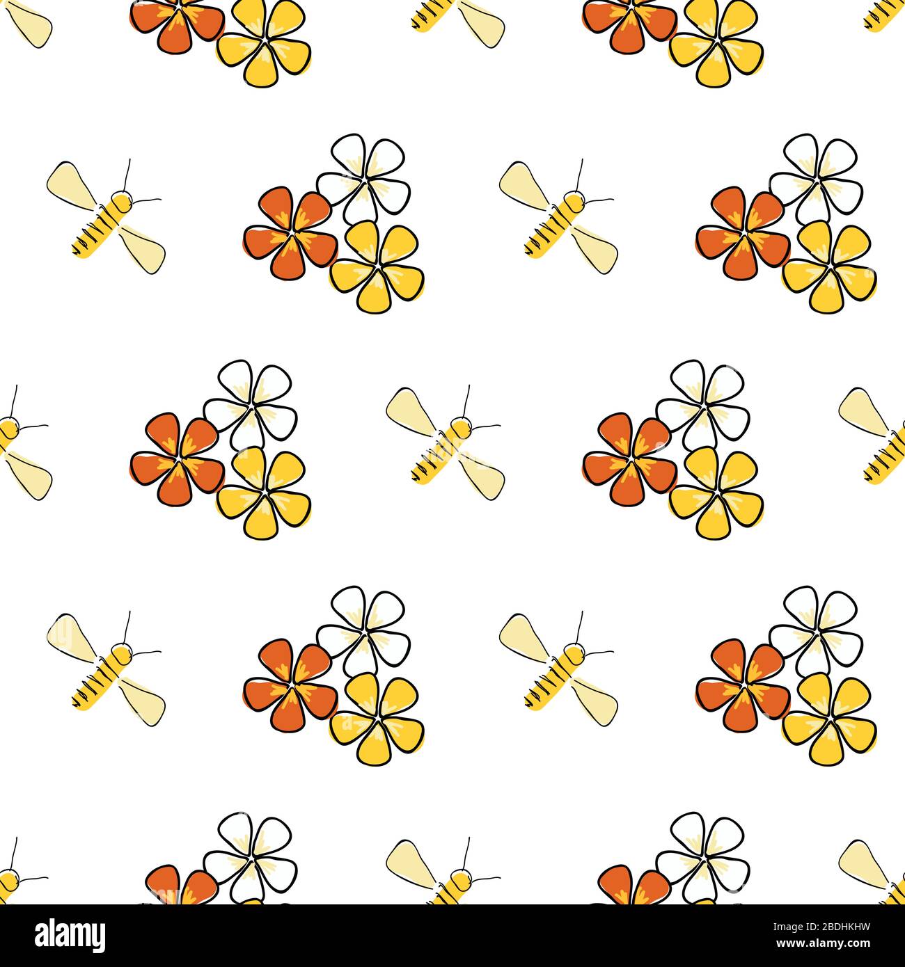 Cute seamless pattern with bee and flowers. Vector white background ...