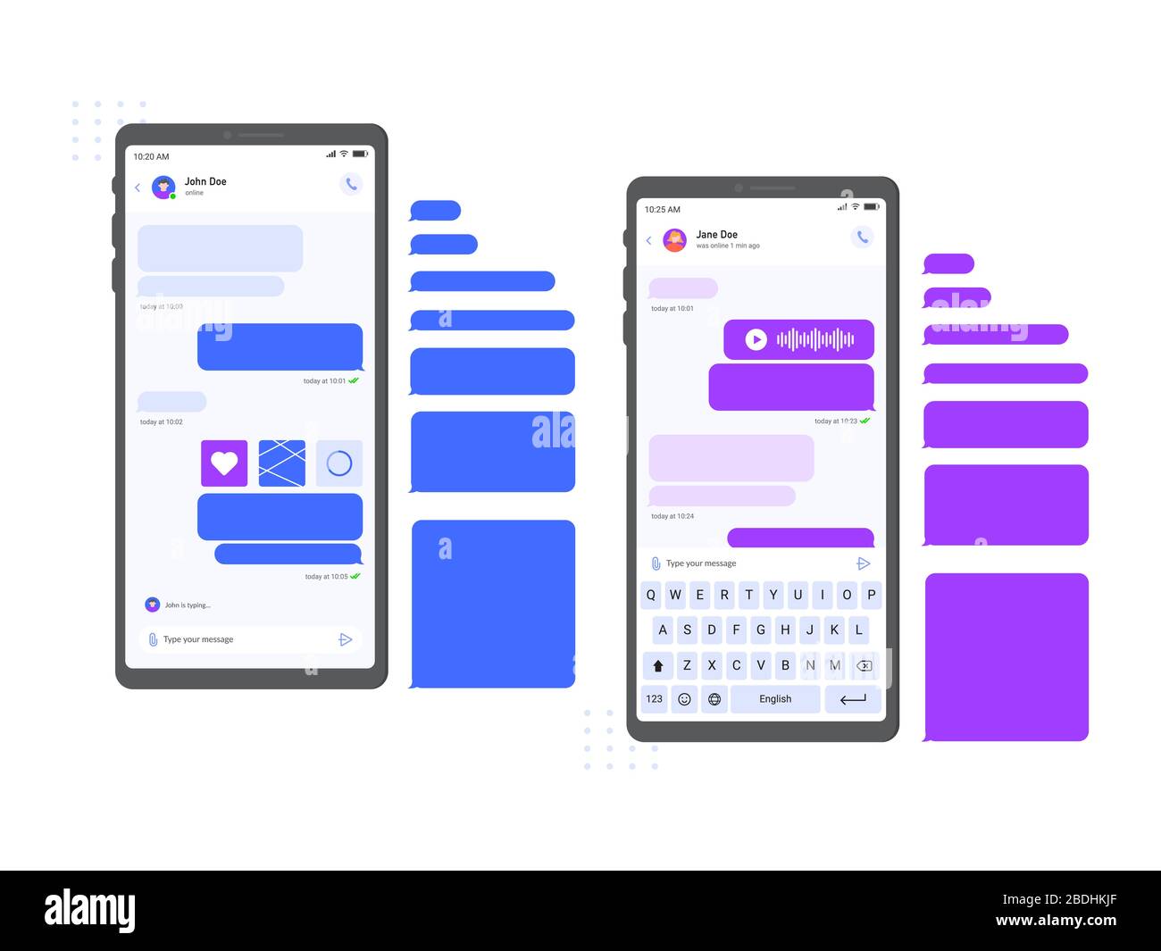 Mobile chat messenger interface. Smartphone messages mockup, chat conversation and online message on phone screen vector illustration. Internet Stock Vector