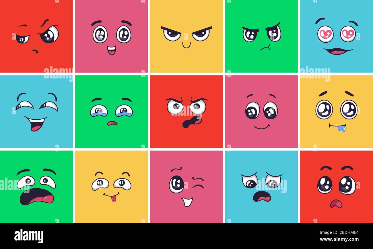 Cartoon face expressions. Surprising look faces, angry mood and doodle head vector illustration set. Cheerful, disappointed and laughing emoticons Stock Vector