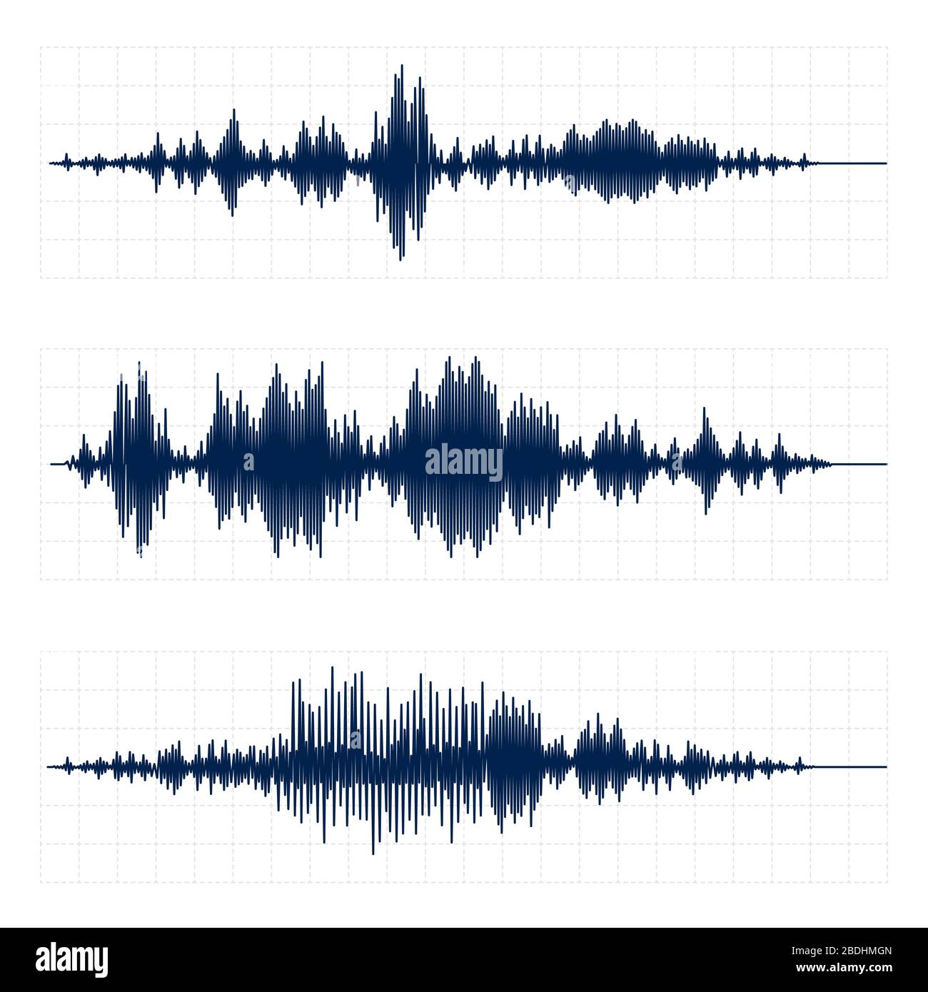 Seismograph chart. Seismic activity diagram, radio frequency waves and oscilloscope waveform graph vector set. Earthquake curve on paper tape. Lie Stock Vector